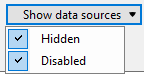 Screenshot of a filter menu with options to display hidden and disabled data sources.