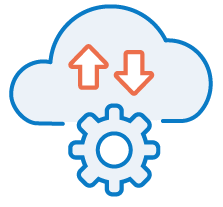 Cloud with up and down arrow and cogwheel icon