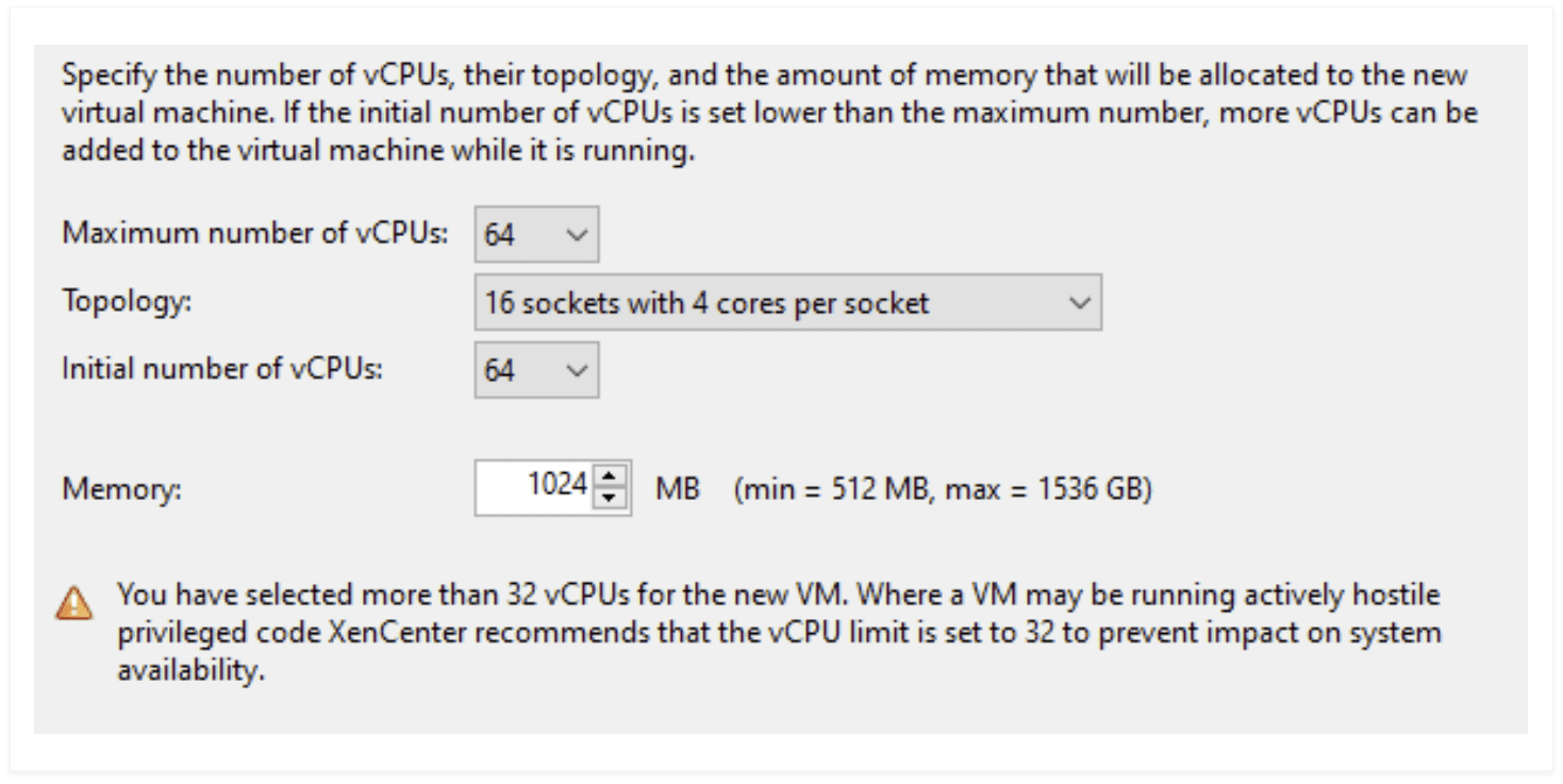 screenshot of warning message for maximum number of vCPUs