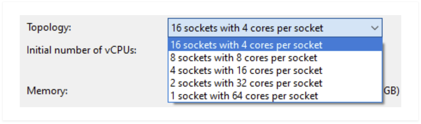 screenshot of a dropdown for different topology configurations