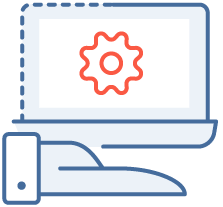 Hand holding laptop displaying cogwheel icon